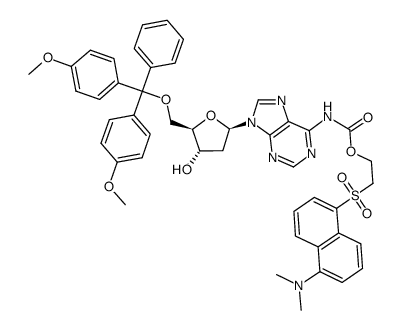 2-((5-(dimethylamino)naphthalen-1-yl)sulfonyl)ethyl (9-((2R,4S,5R)-5-((bis(4-methoxyphenyl)(phenyl)methoxy)methyl)-4-hydroxytetrahydrofuran-2-yl)-9H-purin-6-yl)carbamate结构式