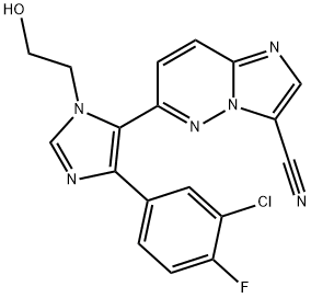 6-(4-(3-氯-4-氟苯基)-1-(2-羟基乙基)-1H-咪唑-5-基)咪唑并[1,2-b]哒嗪-3-甲腈结构式