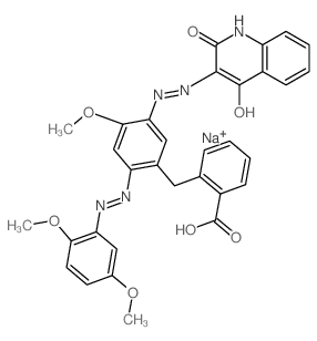 Benzoic acid,2-[[5-[2-(1,2-dihydro-4-hydroxy-2-oxo-3-quinolinyl)diazenyl]-2-[2-(2,5-dimethoxyphenyl)diazenyl]-4-methoxyphenyl]methyl]-,sodium salt (1:1) Structure