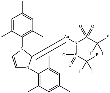 1,3-二(2,4,6-三甲基苯基)-1,3-二氢-2H-咪唑-2-亚基][1,1,1-三氟-N-[(三氟甲基)磺酰基]甲基磺酰胺-ΚN]金结构式