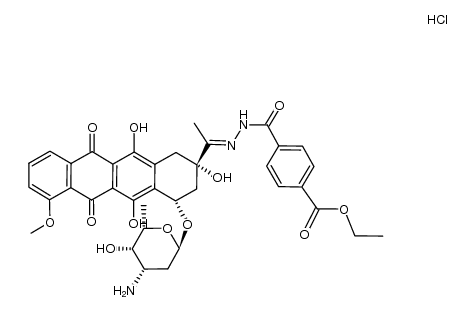 ethyl 4-(2-(1-((2S,4S)-4-(((2R,4S,5S,6S)-4-amino-5-hydroxy-6-methyltetrahydro-2H-pyran-2-yl)oxy)-2,5,12-trihydroxy-7-methoxy-6,11-dioxo-1,2,3,4,6,11-hexahydrotetracen-2-yl)ethylidene)hydrazine-1-carbonyl)benzoate hydrochloride Structure