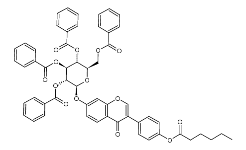 4'-O-hexanoyldaidzein 7-O-2'',3'',4'',6''-tetra-O-benzoyl-β-D-glucopyranoside结构式