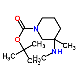2-Methyl-2-propanyl 3-methyl-3-(methylamino)-1-piperidinecarboxylate结构式