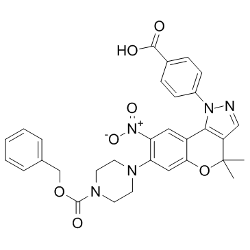 4-(7-(4-((苯甲氧基)羰基)哌嗪-1-基)-4,4-二甲基-8-硝基苯并吡喃并[4,3-c]吡唑-1(4H)-基)苯甲酸结构式