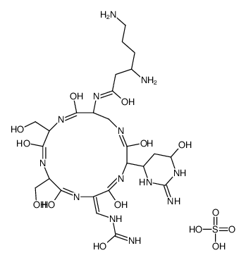 3,6-diamino-N-[(6Z)-3-(2-amino-4-hydroxy-1,4,5,6-tetrahydropyrimidin-6-yl)-6-[(carbamoylamino)methylidene]-9,12-bis(hydroxymethyl)-2,5,8,11,14-pentaoxo-1,4,7,10,13-pentazacyclohexadec-15-yl]hexanamide,sulfuric acid Structure