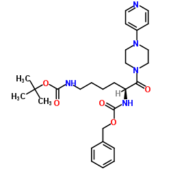 Carbamic acid, N-[(1S)-5-[[(1,1-dimethylethoxy)carbonyl]amino]-1-[[4-(4-pyridinyl)-1-piperazinyl]carbonyl]pentyl]-, phenylmethyl ester结构式