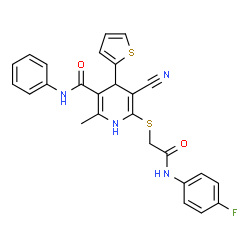 5-cyano-6-((2-((4-fluorophenyl)amino)-2-oxoethyl)thio)-2-methyl-N-phenyl-4-(thiophen-2-yl)-1,4-dihydropyridine-3-carboxamide Structure