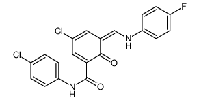(5E)-3-chloro-N-(4-chlorophenyl)-5-[(4-fluoroanilino)methylidene]-6-oxocyclohexa-1,3-diene-1-carboxamide结构式
