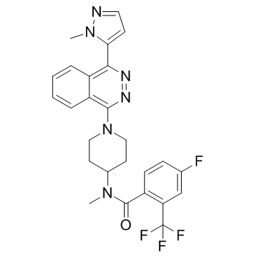 4-氟-N-甲基-N-[1-[4-(1-甲基-1H-吡唑-5-基)-1-酞嗪基]-4-哌啶基]-2-(三氟甲基)苯甲酰胺结构式