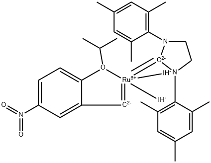 [1,3-Bis(2,4,6-trimethylphenyl)imidazolidin-2-ylidene)-(2-i-propoxy-5-nitrobenzylidene) ruthenium(II) diiodide nitro-Grela I2 Structure