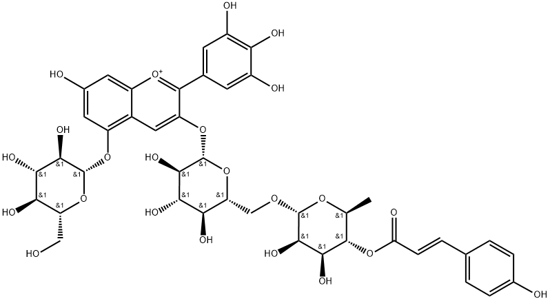Delphinidin 3-(trans-coumaroyl)rutinoside 5-glucoside结构式