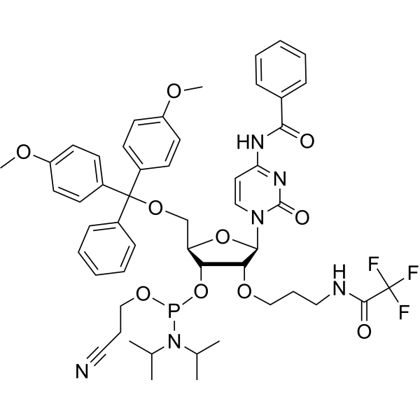 N4-Benzoyl-5'-O-DMTr-2'-O-(N3-trifluoroacetyl) aminopropyl cytidine 3'-CED phosphoramidite结构式