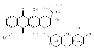 5,12-Naphthacenedione,8-acetyl-10-[[3-amino-2,3,6-trideoxy-4-O-(2,6-dideoxy-a-L-arabino-hexopyranosyl)-a-L-lyxo-hexopyranosyl]oxy]-7,8,9,10-tetrahydro-6,8,11-trihydroxy-1-methoxy-,hydrochloride, (8S-c结构式