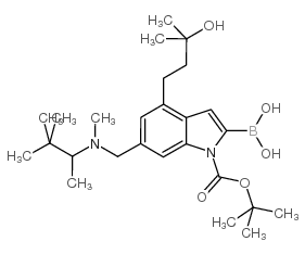 2-硼-4-(3-羟基-3-甲基丁基)-6-[[甲基(1,2,2-三甲基丙基)氨基]甲基]-1H-吲哚-1-羧酸-1-(1,1-二甲基乙酯)结构式
