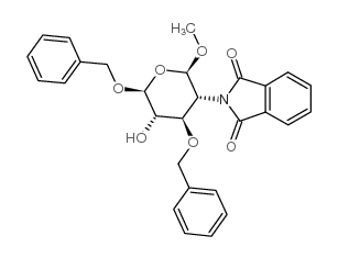 甲基3,6-二-O-苄基-2-脱氧-2-N-邻苯二甲酰亚胺基-β-D-吡喃葡萄糖苷结构式