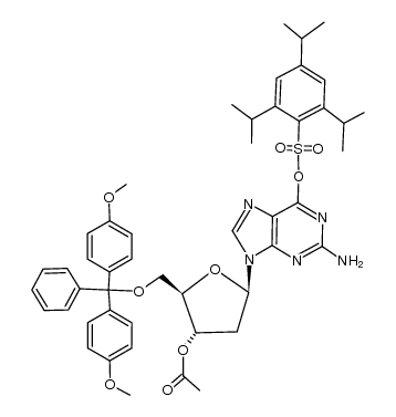 3'-O-acetyl-5'-O-(4,4'-dimethoxytrityl)-6-O-[(2,4,6-triisopropylphenyl)sulfonyl]-2'-deoxyguanosine Structure