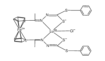Lu(III)(dibenzyl 1,1'-diacetylferrocenebis(hydrazonatocarbodithioate))chloro complex Structure