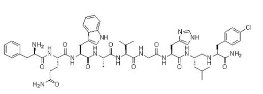(S)-1-去(5-氧代-L-脯氨酸)-2-去-L-缬氨酸-3-D-苯丙氨酸-10-[Nalpha-(2-氨基-4-甲基戊基)-4-氯-L-苯丙氨酰胺]-11-去-L-蛋氨酰胺-蛙紧张肽结构式