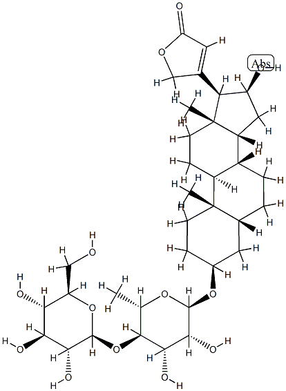 3β-[(4-O-β-D-Glucopyranosyl-6-deoxy-α-L-mannopyranosyl)oxy]-16β-hydroxy-5β-card-20(22)-enolide Structure