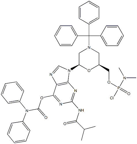 N,N-二苯基氨基甲酸 9-[(2R,6S)-6-[[[氯(二甲基氨基)亚膦酰]氧基]甲基]-4-(三苯基甲基)-2-吗啉基]-2-[(2-甲基-1-氧代丙基)氨基]-9H-嘌呤-6-基酯结构式