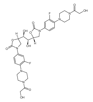 (5R,5'R)-5,5'-((1S,2S)-1,2-dihydroxyethane-1,2-diyl)bis(3-(3-fluoro-4-(4-(2-hydroxyacetyl)piperazin-1-yl)phenyl)oxazolidin-2-one) Structure