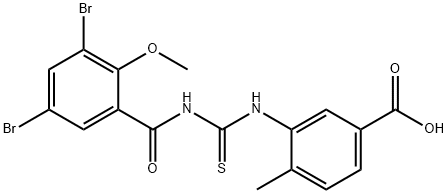 3-[[[(3,5-dibromo-2-methoxybenzoyl)amino]thioxomethyl]amino]-4-methyl-benzoic acid structure