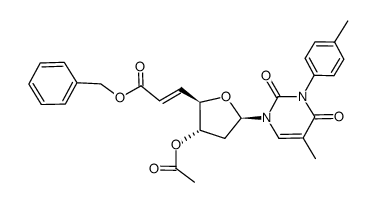 benzyl 3-O-acetyl-1,2,5,6-tetradeoxy-1-[3-(4-toluyl)thymin-1-yl]-β-D-erythro-hept-5-enofuranuronate结构式