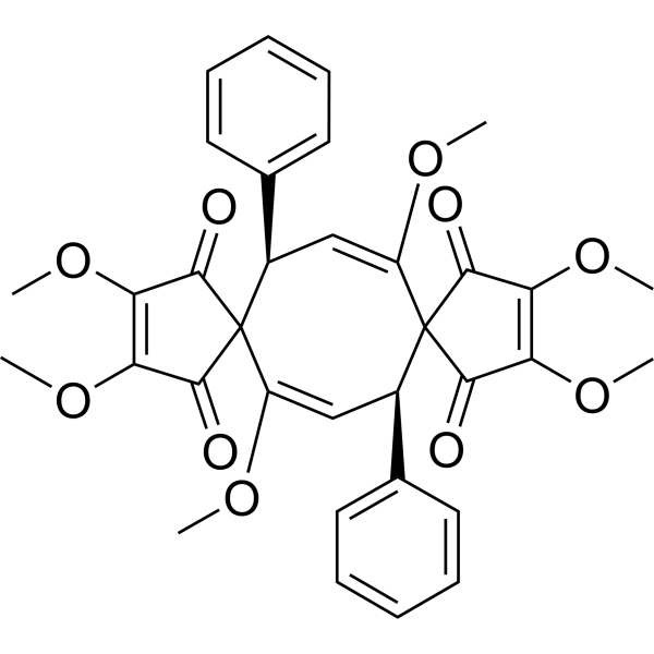 (8R,16R)-REL-2,3,6,11,12,14-六甲氧基-8,16-二苯基二螺[4.3.4.3]十六碳-2,6,11,14-四烯-1,4,10,13-四酮结构式
