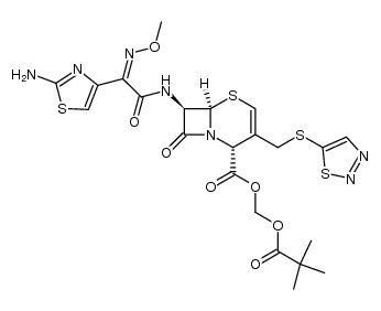 (2R,6R,7R)-(pivaloyloxy)methyl 3-(((1,2,3-thiadiazol-5-yl)thio)methyl)-7-((Z)-2-(2-aminothiazol-4-yl)-2-(methoxyimino)acetamido)-8-oxo-5-thia-1-azabicyclo[4.2.0]oct-3-ene-2-carboxylate结构式