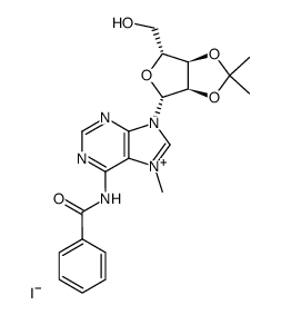 N6-Benzoyl-7-methyl-9-(2,3-O-isopropylidene-β-D-ribofuranosyl)-adeninium iodide Structure
