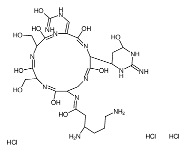 (3S)-3,6-diamino-N-[(3S,6Z,9S,12S,15S)-3-[(4S,6R)-2-amino-4-hydroxy-1,4,5,6-tetrahydropyrimidin-6-yl]-6-[(carbamoylamino)methylidene]-9,12-bis(hydroxymethyl)-2,5,8,11,14-pentaoxo-1,4,7,10,13-pentazacyclohexadec-15-yl]hexanamide,trihydrochloride结构式