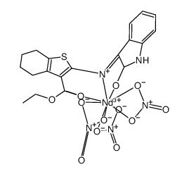 [Nd(nitrate)3(2-(N-indole-2-one)amino-3-carboxyethyl-4,5,6,7-tetrahydrobenzo[b]thiophene)] Structure
