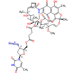 5'-O-[4-(2-{[(7S,9E,11S,12R,13S,14R,15R,16R,17S,18S)-13-Acetoxy-2,15,17-trihydroxy-11-methoxy-3,7,12,14,16,18,22-heptamethyl-6,23,27,29-tetraoxo-8,30-dioxa-24-azatetracyclo[23.3.1.14,7.05,28]triaconta-1(28),2,4,9,19,21,25-heptaen-26-yl]sulfanyl}ethoxy)-4-oxobutanoyl]-3'-azido-3'-deoxythymidine Structure