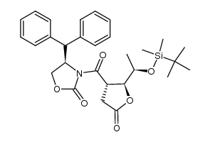 (R)-4-benzhydryl-3-((2S,3S)-2-((R)-1-((tert-butyldimethylsilyl)oxy)ethyl)-5-oxotetrahydrofuran-3-carbonyl)oxazolidin-2-one结构式