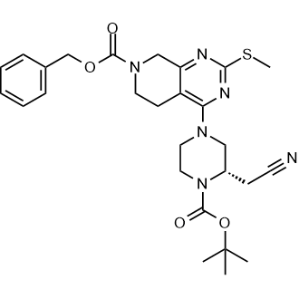 (S)-4-(4-(叔丁氧基羰基)-3-(氰基甲基)哌嗪-1-基)-2-(甲硫基)-5,6-二氢吡啶并[3,4-d]嘧啶-7(8H)-羧酸苄酯结构式