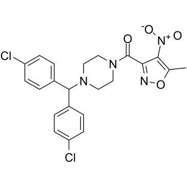 (4-(双(4-氯苯基)甲基)哌嗪-1-基)(5-甲基-4-硝基异恶唑-3-基)甲酮结构式