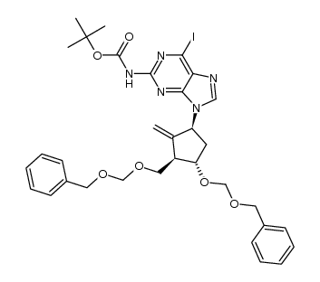 tert-butyl 9-((1S,3R,4S)-4-((benzyloxy)methoxy)-3-(((benzyloxy)methoxy)methyl)-2-methylenecyclopentyl)-6-iodo-9H-purin-2-ylcarbamate结构式