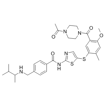 N-(5-((5-(4-乙酰基哌嗪-1-甲酰基)-4-甲氧基-2-甲基苯基)硫基)噻唑-2-基)-4-(((3-甲基丁烷-2-基)氨基)甲基)苯甲酰胺结构式