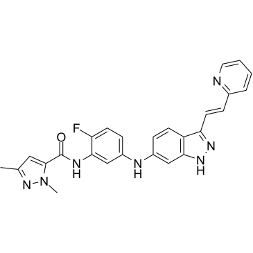 N-[2-氟-5-[[3-[(1E)-2-(2-吡啶基)乙烯基]-1H-吲唑-6-基]氨基]苯基]-1,3-二甲基-1H-吡唑-5-甲酰胺结构式