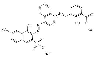Benzoic acid, 3(or5)-[2-[4-[2-(7-amino-1-hydroxy-3-sulfo-2-naphthalenyl)diazenyl]-1-naphthalenyl]diazenyl]-2-hydroxy-,sodium salt (1:2) Structure