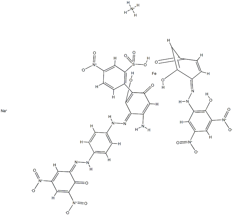 2-[[4-[[2,6-二氢-3-[(2-羟基-3,5-二硝基苯基)偶氮]苯基]偶氮]苯基]氨基]-5-硝基苯磺酸根(3-)][4-[(2-羟基-3,5-二硝基苯基)偶氮]-1,3-苯二酚根合铁(III)酸铵钠结构式
