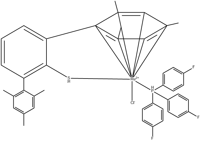 [(1,2,3,4,5,6-η)-2,2'',4,4'',6,6''-六甲基[1,1':3',1''-三联苯]-2'-巯基-κS][三(4-氟苯基)膦-κP]氯化钌(II)结构式