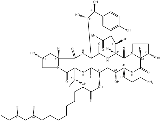 Pneumocandin B0, 1-[(4R,5S)-5-[(2-aminoethyl)amino]-N2-[(10R,12S)-10,12-dimethyl-1-oxotetradecyl]-4-hydroxy-L-ornithine]- picture