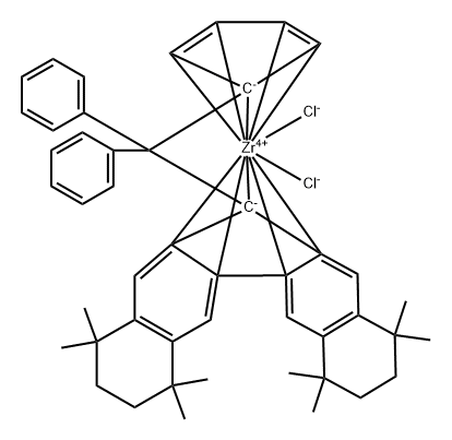 二氯[(Η5-2,4-环戊二烯-1-亚基)(二苯基亚甲基)[(5A,5B,11A,12,12A-Η)-1,2,3,4,7,8,9,10-八氢-1,1,4,4,7,7,10,10-八甲基-12H-二苯并[B,H]芴-12-亚基]]锆结构式