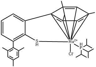 Chloro[(1,2,3,4,5,6-eta)-2,2'',4,4'',6,6''-hexamethyl[1,1':3',1''-terphenyl]-2'-thiolato-kappaS][triisopropylphosphine-kappaP]ruthenium(II) Structure