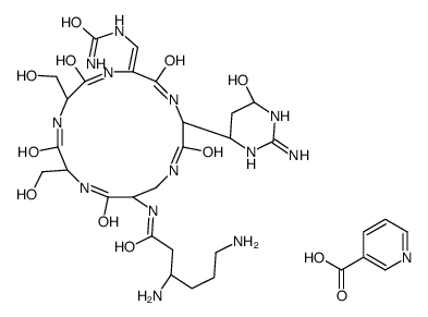 (3S)-3,6-diamino-N-[(3S,6Z,9S,12S,15S)-3-[(4S,6R)-2-amino-4-hydroxy-1,4,5,6-tetrahydropyrimidin-6-yl]-6-[(carbamoylamino)methylidene]-9,12-bis(hydroxymethyl)-2,5,8,11,14-pentaoxo-1,4,7,10,13-pentazacyclohexadec-15-yl]hexanamide,pyridine-3-carboxylic acid Structure
