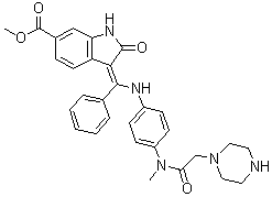 (Z)-3-{[(4-{甲基-[(哌嗪-1-基)乙酰基]氨基}苯基)氨基]-(苯基)亚甲基}-2-氧代-2,3-氢化吲哚-6-甲酸甲酯(尼达尼布杂质)结构式