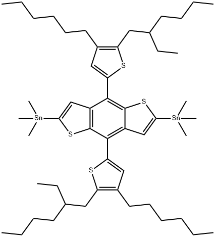 (4,8--双(5-(2-乙基己基)-4-己基噻吩-2-基)苯并[1,2-b:4,5-b']二噻吩-2,6-二基)二(三甲基锡烷)结构式