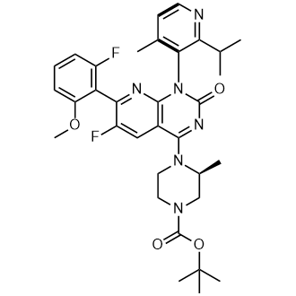 叔丁基(3S)-4-(6-氟-7-(2-氟-6-甲氧基苯基)-1-(2-异丙基-4-甲基吡啶-3-基)-2-氧-1,2-二氢吡啶并[2,3-d]嘧啶-4-基)-3-甲基哌嗪-1-甲酸结构式
