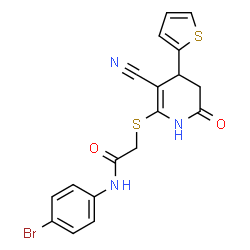 N-(4-bromophenyl)-2-((3-cyano-6-oxo-4-(thiophen-2-yl)-1,4,5,6-tetrahydropyridin-2-yl)thio)acetamide Structure